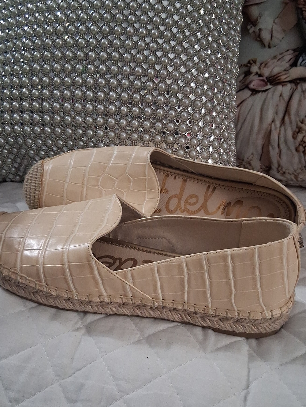 Sam Edelman Sz 9 Beige Croc-Embossed Leather Espadrille Loafers - Women $26